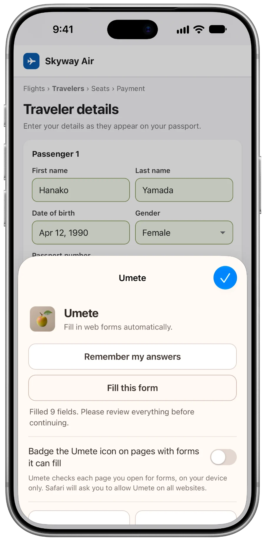 Safari on iPhone with an airline’s traveler form filled in by Umete, and Umete’s sheet saying it filled 9 fields.