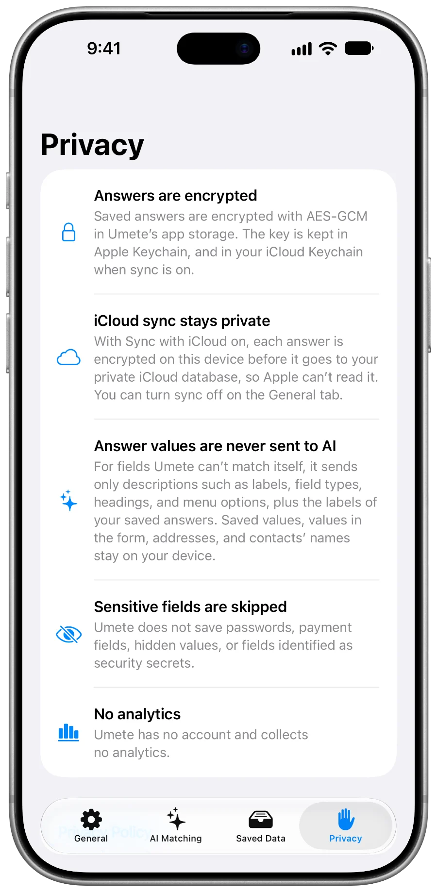 Umete’s Privacy tab: answers are encrypted, iCloud sync stays private, and answer values are never sent to AI.