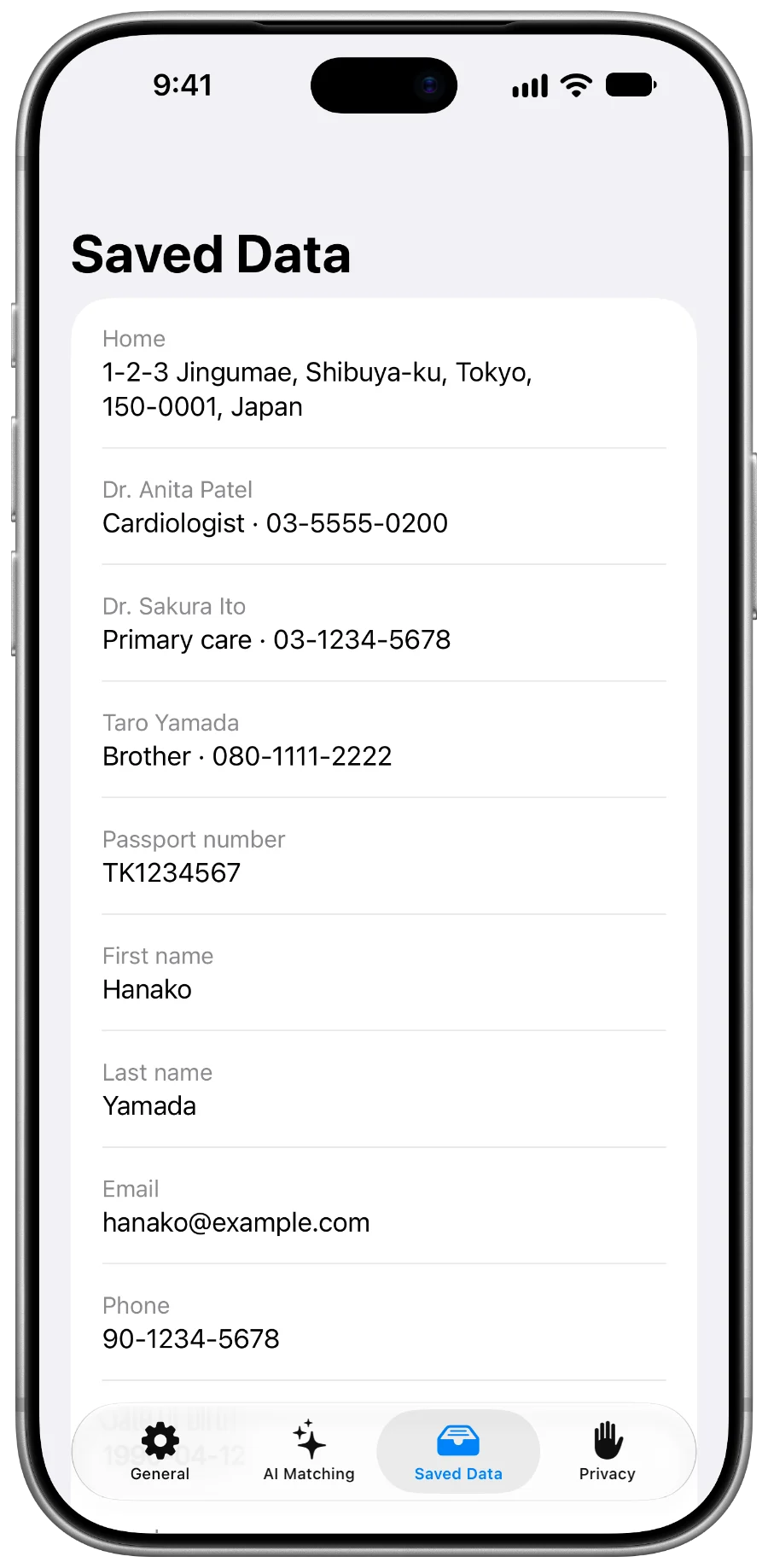 Umete’s Saved Data: a home address, two doctors, an emergency contact, a passport number, and more.